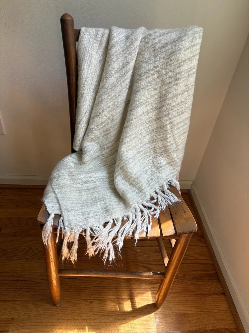 WEST ELM Cream Stripe Tassel Throw Blanket 44” x 56” Neutral Minimalist